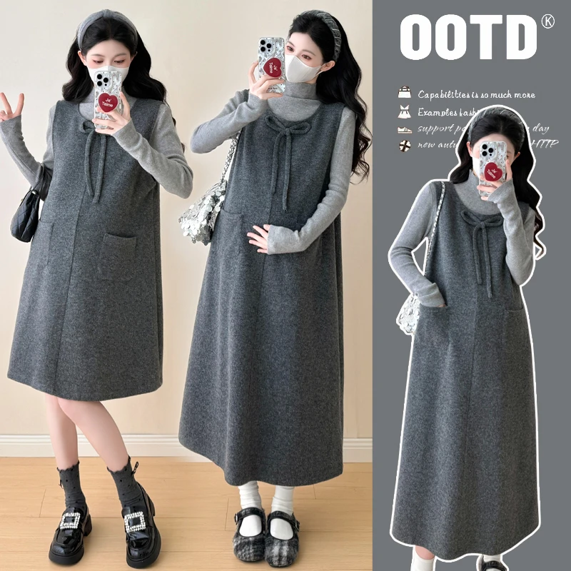 【沫小熙】2025秋冬新款洋气孕妇装打底衫背带裙显瘦时尚两件套装