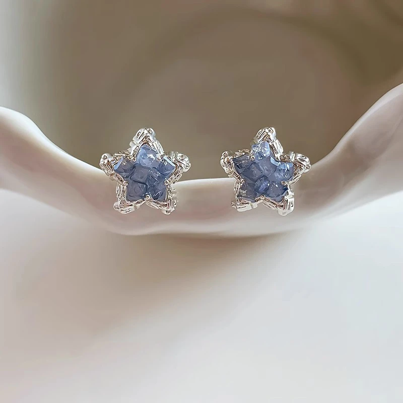 夏日清新蓝色星星耳钉精致甜美不对称耳饰