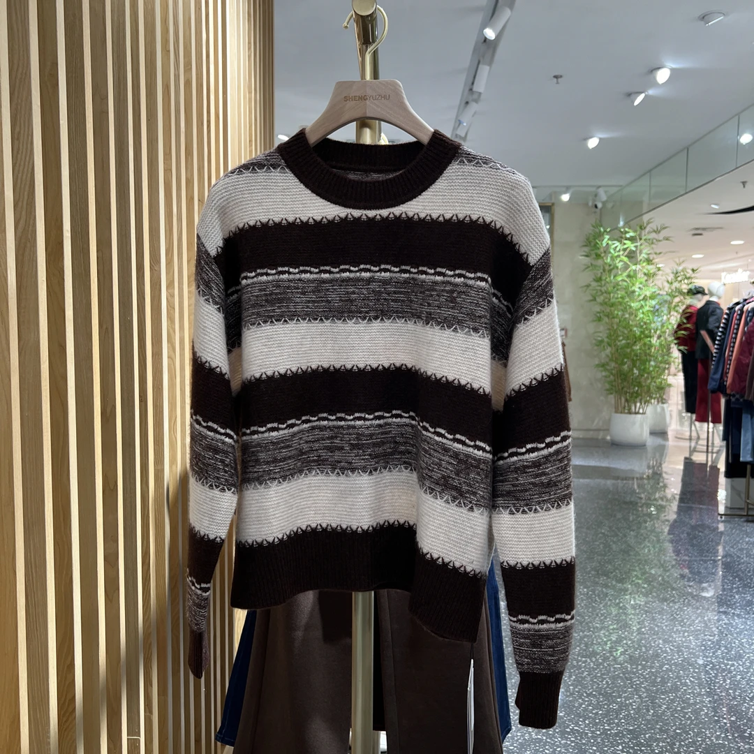 声雨竹7R785秋冬休闲圆领条纹撞色牦牛绒针织衫宽松显瘦个性时髦