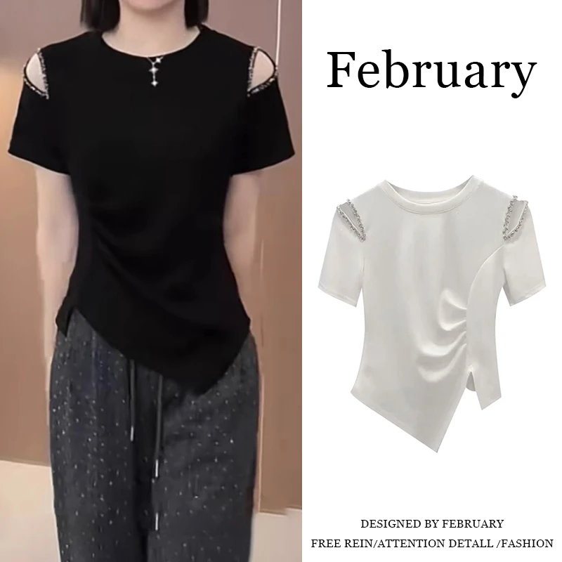 不规则露肩短袖t恤夏季2025夏季大码胖mm遮肚子修身半袖上衣-5866