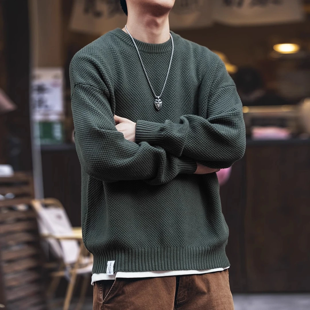 美式复古纯色重磅菠萝纹毛衣男士秋冬季潮牌圆领内搭慵懒针织衫男