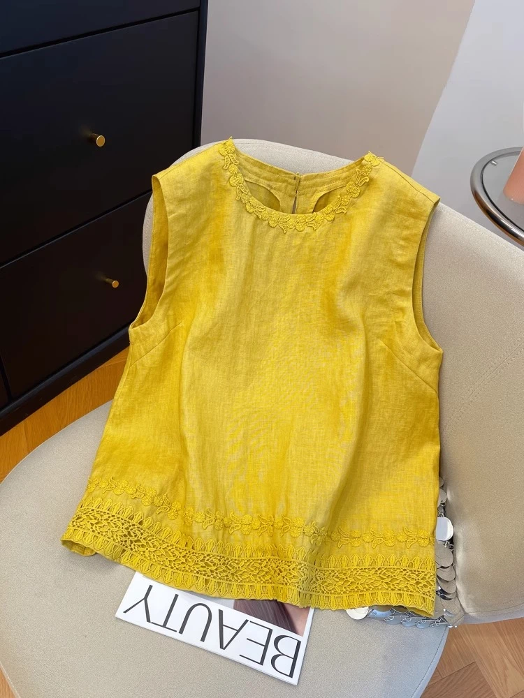 黄色花边刺绣亚麻无袖背心女2025夏季宽松圆领气质棉麻女装上衣女