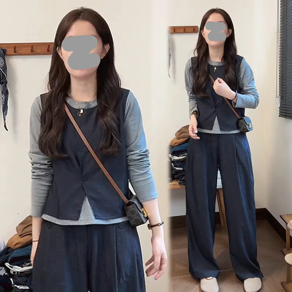 2025秋季新款无袖马甲打底衫阔腿裤三件套女士洋气高级感时尚套装