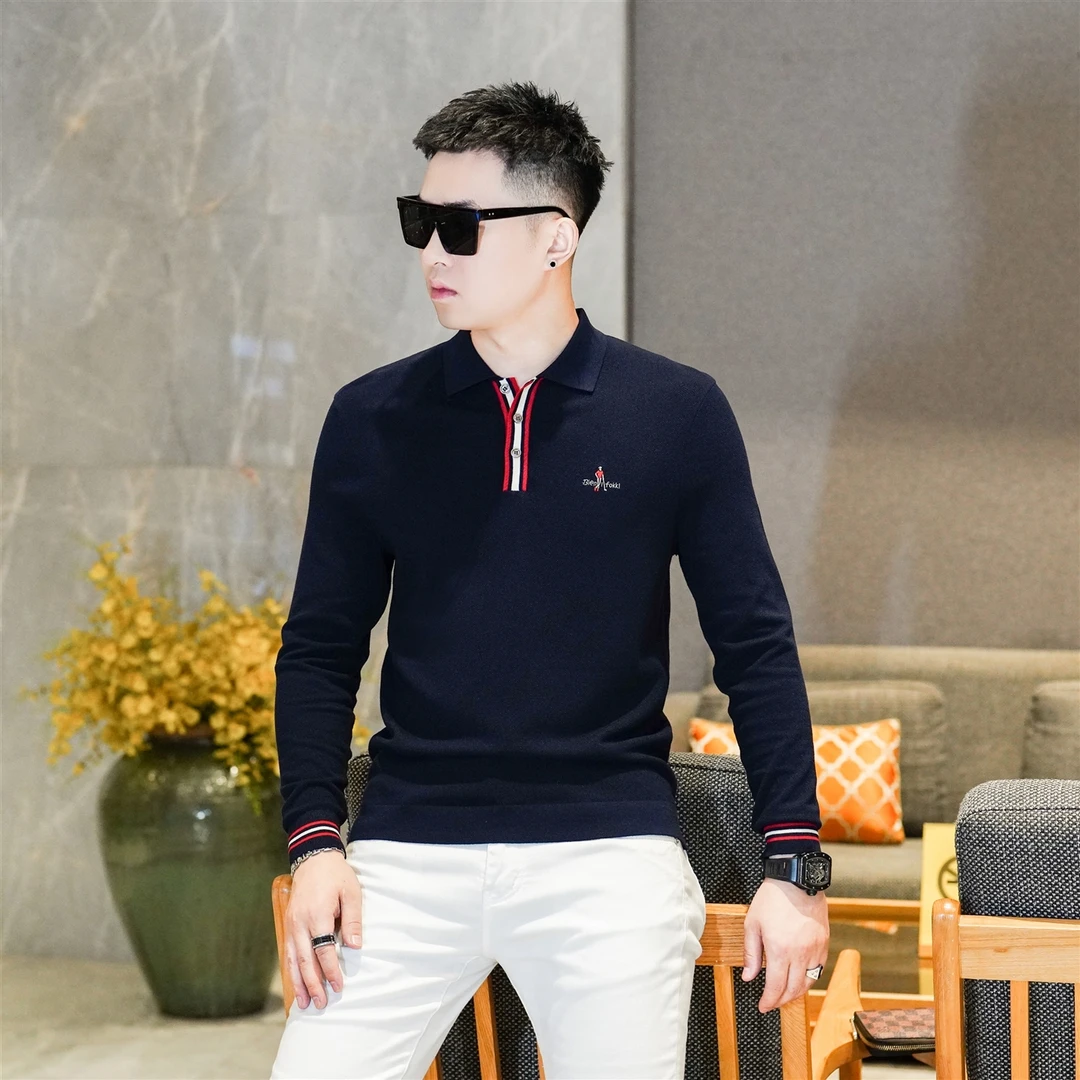 轻奢翻领POLO衫男长袖针织衫商务休闲撞色条纹毛衣秋冬新款18099