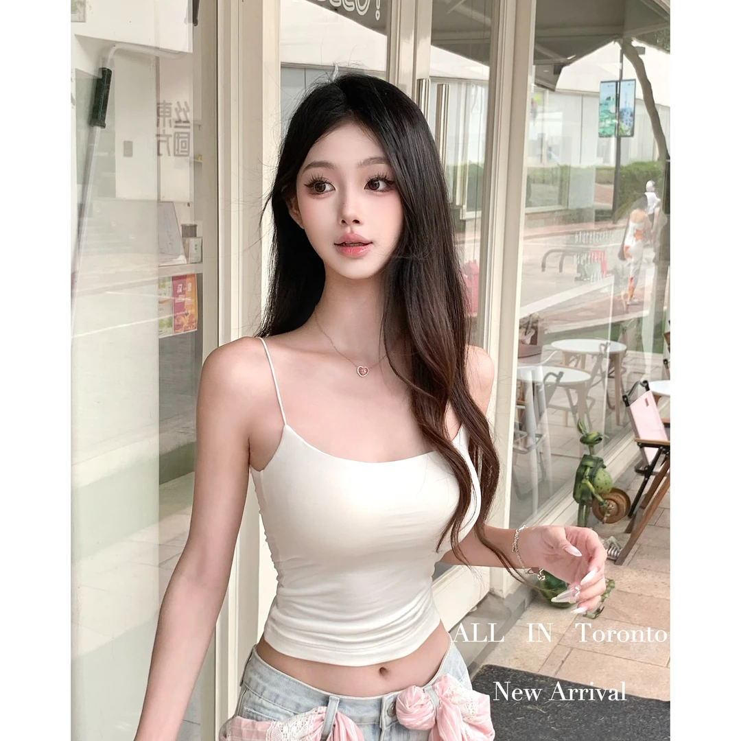 纯欲白色莫代尔胸垫吊带女短款U领显瘦内搭修身性感辣妹背心上衣