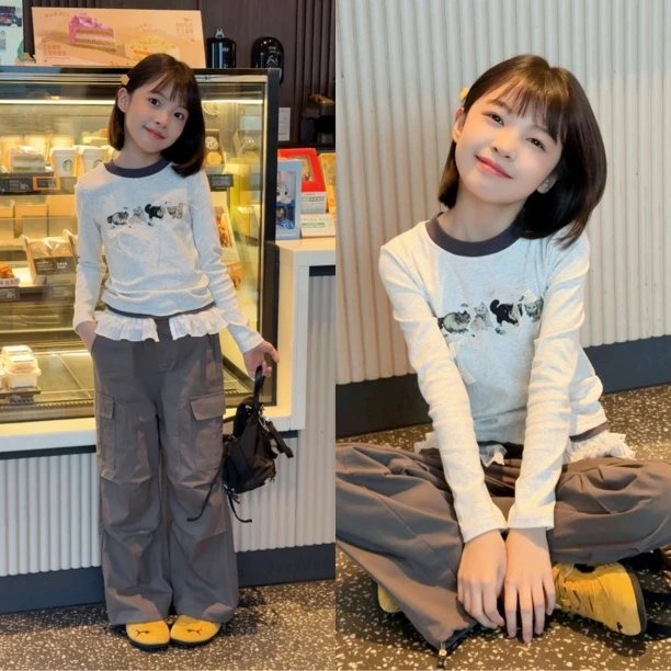 【正版】女中大童韩版字母套头春秋季女休闲风套装长袖时尚阔腿