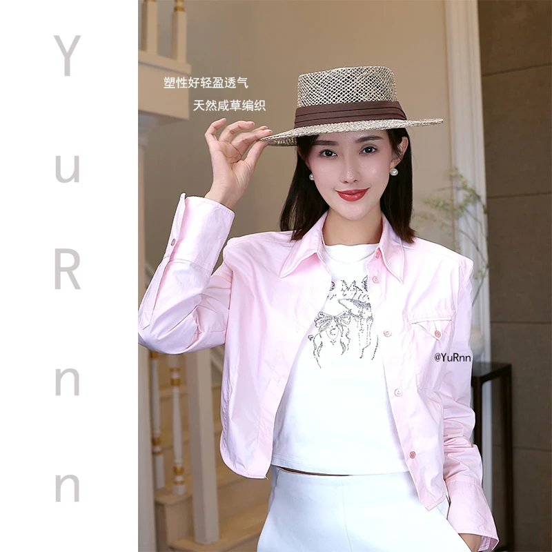 法式咸草编织平顶草帽女夏季海边度假防晒遮阳帽镂空礼帽YR0007