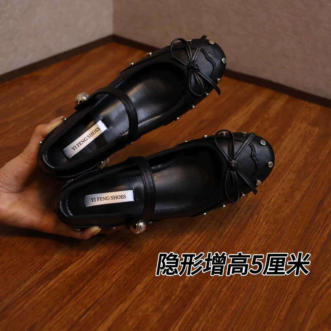 【内增高5厘米】铆钉蝴蝶结甜酷风软底显瘦黑色百搭真皮单鞋平底