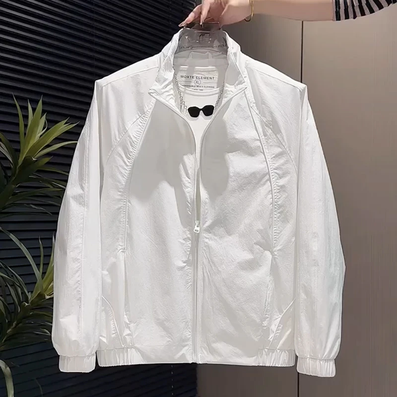白色薄款立领夹克外套男春夏季潮牌高端痞帅风时尚潮流休闲外套男