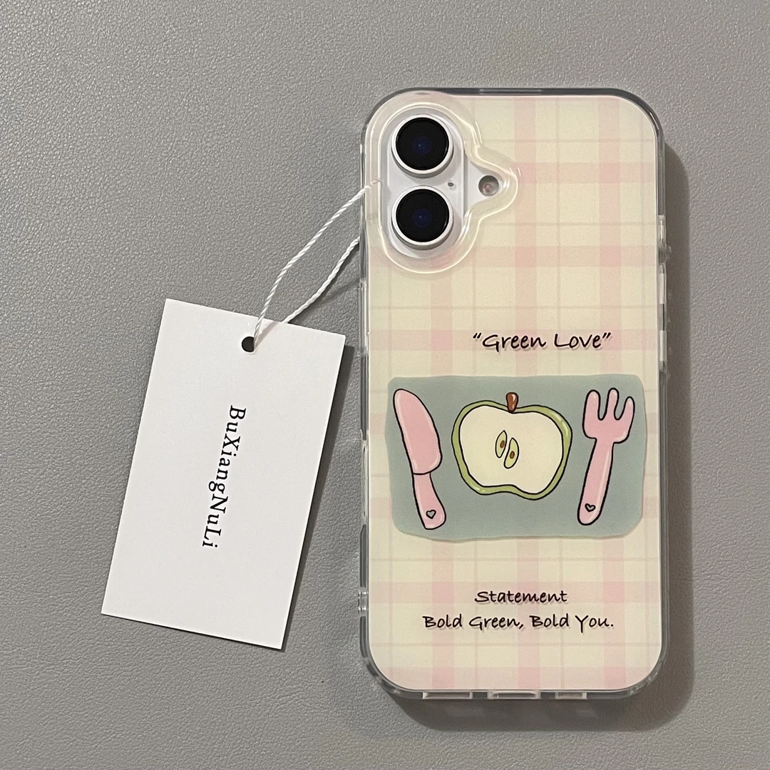 创意粉格涂鸦青苹果刀叉适用苹果16pro手机壳iPhone15全包14/13