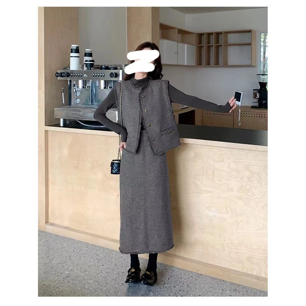 高级感复古御姐气质休闲套装女春秋新款时尚马甲半身裙三件套8046