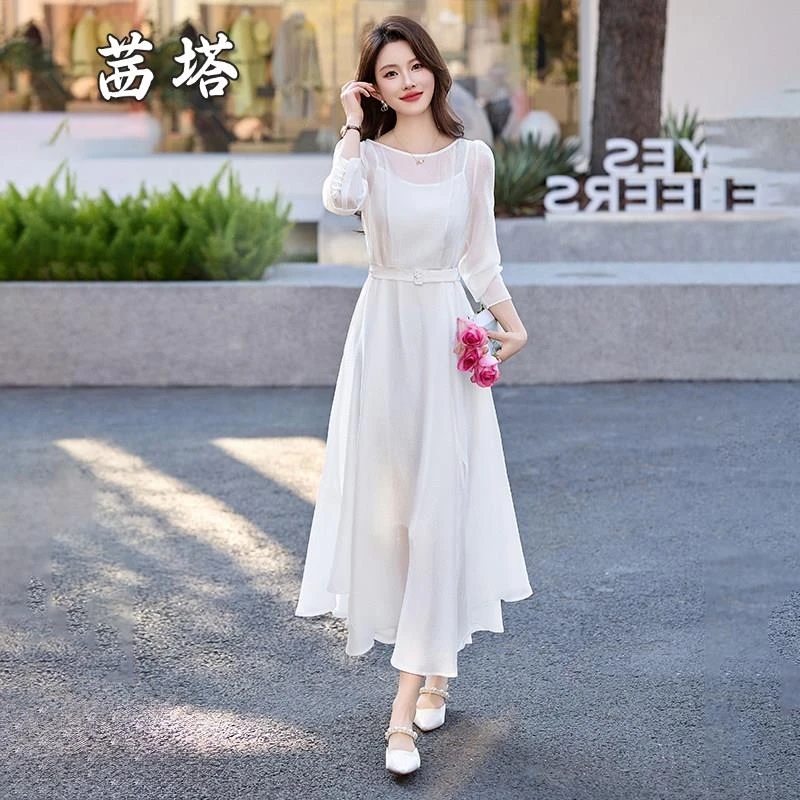 法式白色连衣裙女2025夏季新款流行气质收腰显瘦飘逸流行中长裙子