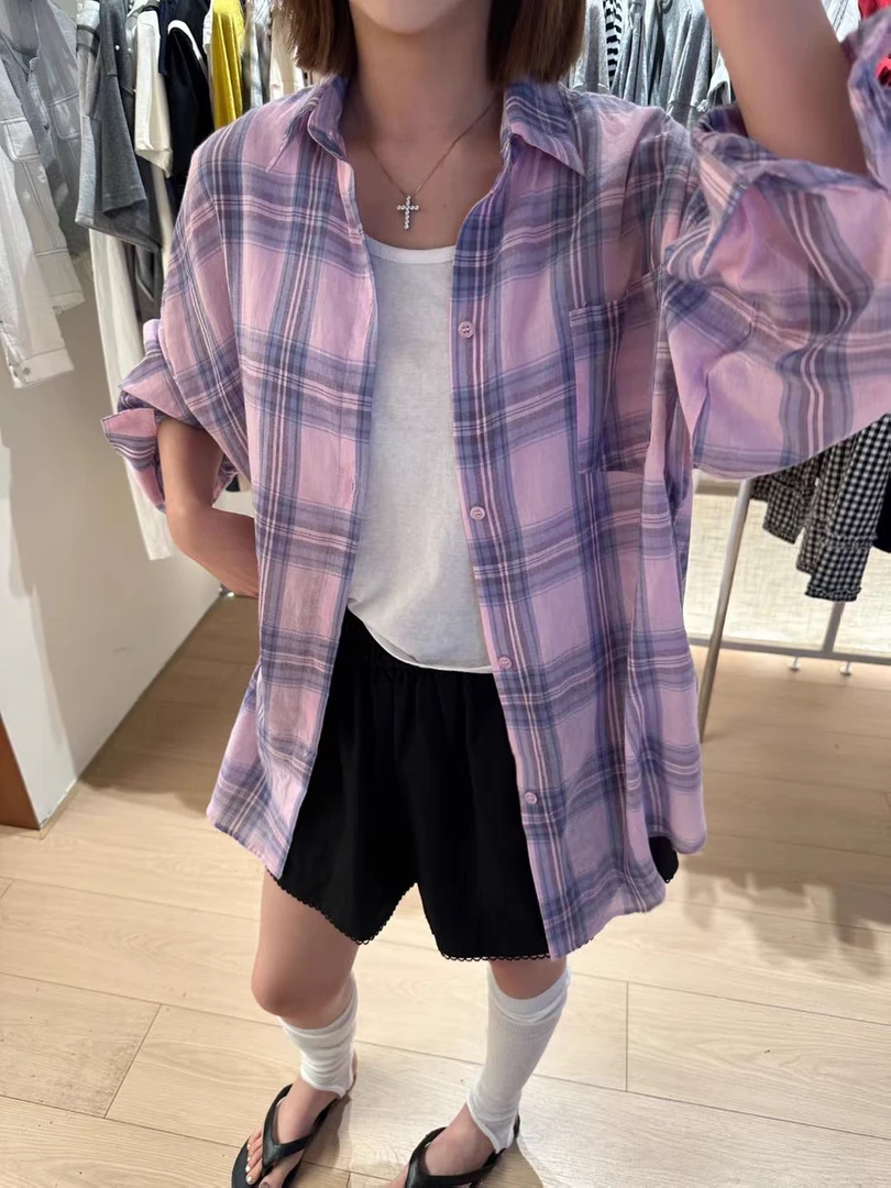 新款时尚简约洋气格子长袖衬衫女夏季防晒衣9361