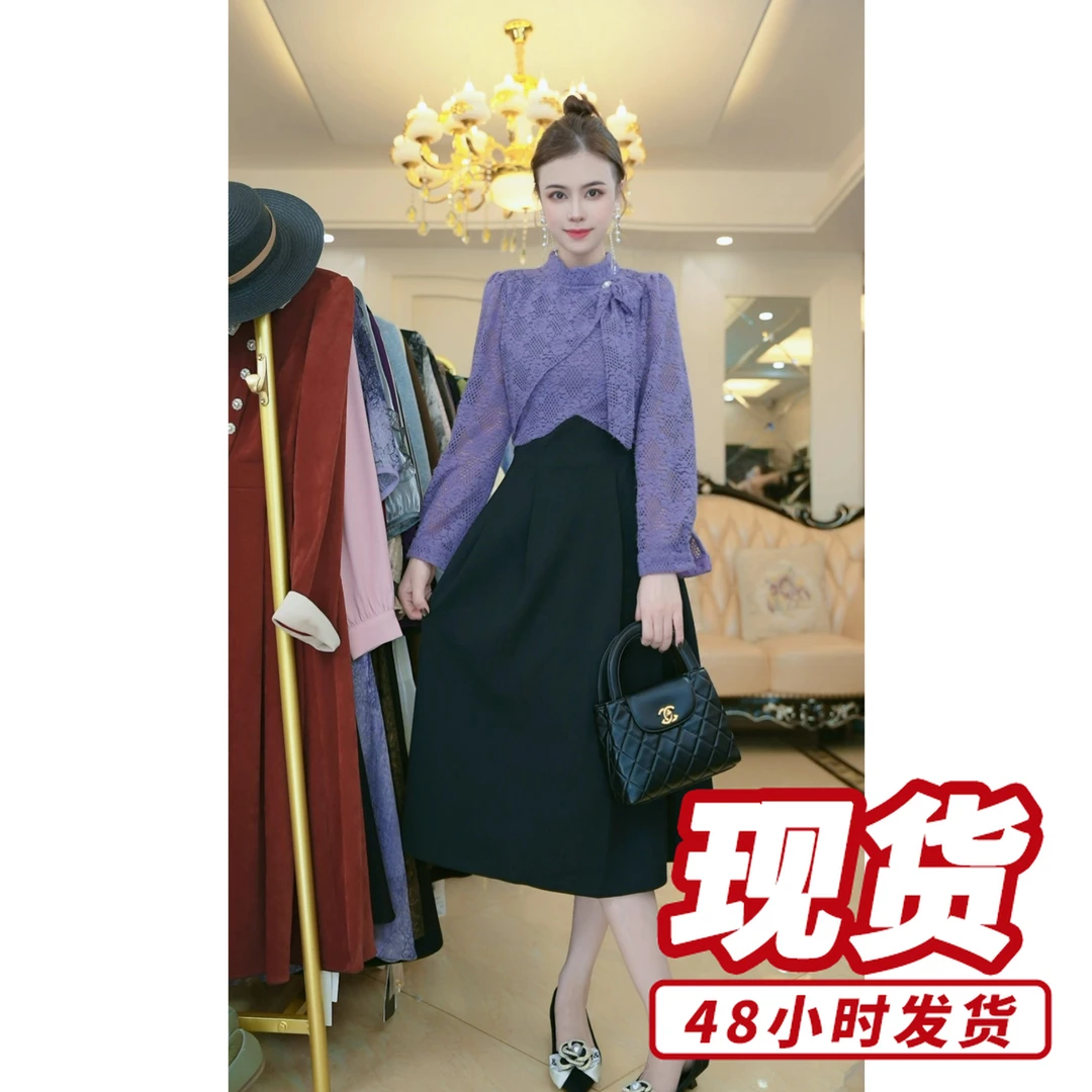 梦想服饰2024新款紫色黑裙子爆款秋款连衣裙极简风1001