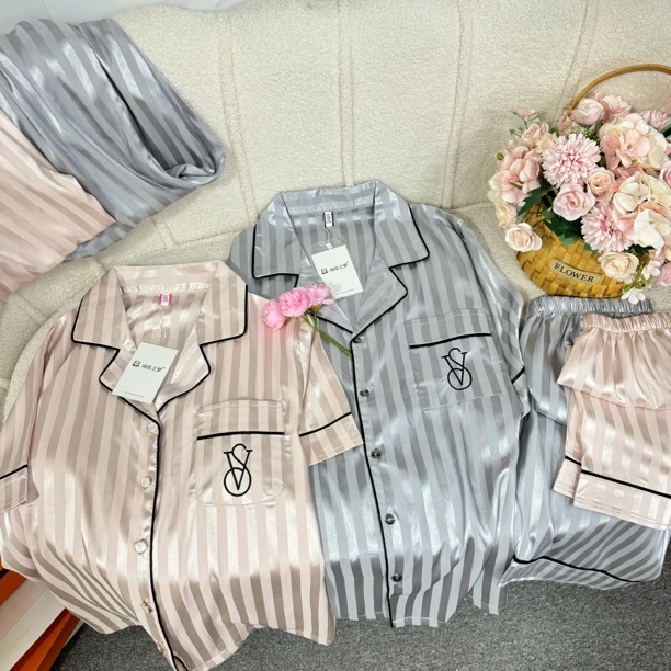 8号链接琦欣家维秘条纹情侣款夏季冰丝三件套家居服套装男女