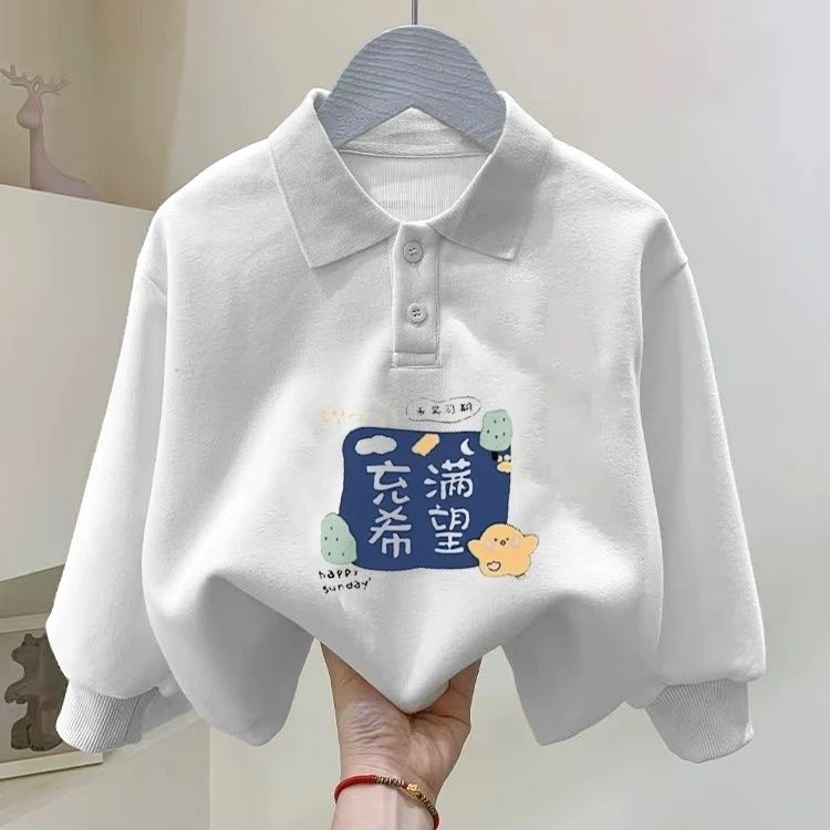 新款卡通宝宝2025春秋款纯棉Polo领长袖可爱印花女童上衣打底宽松