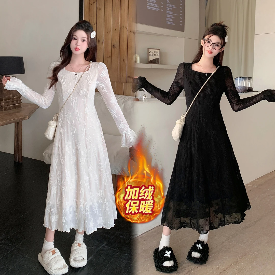 清大码女2024冬装新款法式蕾丝连衣裙加绒加厚保暖收腰a字裙63737