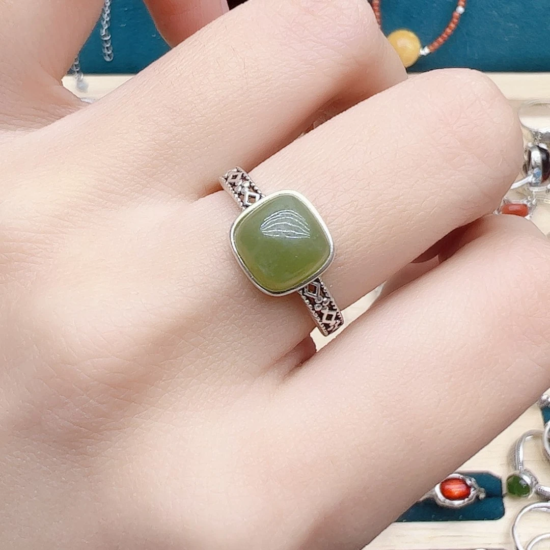 和田玉戒指银S925镶嵌