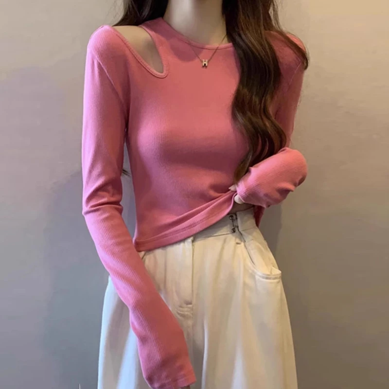 5 2025新款春季洋气独特修身内搭高级打底衫上衣短款粉色长袖t恤