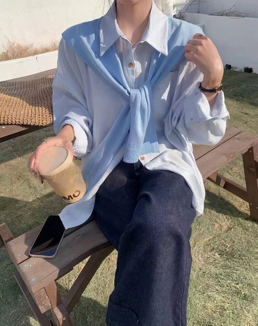 [披肩两件套]陈思思2025新款宽松韩版百搭时尚小众披肩两件套衬衫