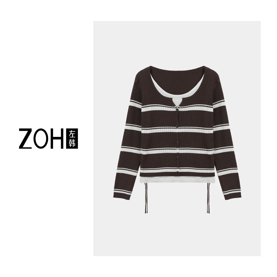 【左韩】早秋新款撞色条纹假两件针织衫女减龄百搭圆领长袖上衣305#