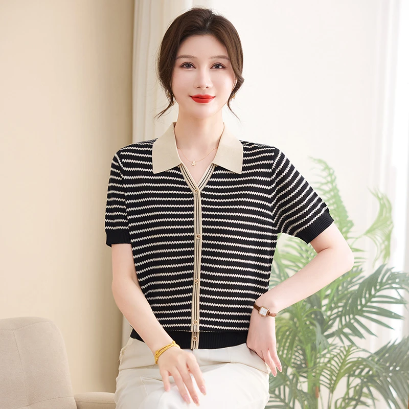 夏装短袖t恤薄款针织小衫高品质女新款翻领冰丝条纹上衣时尚