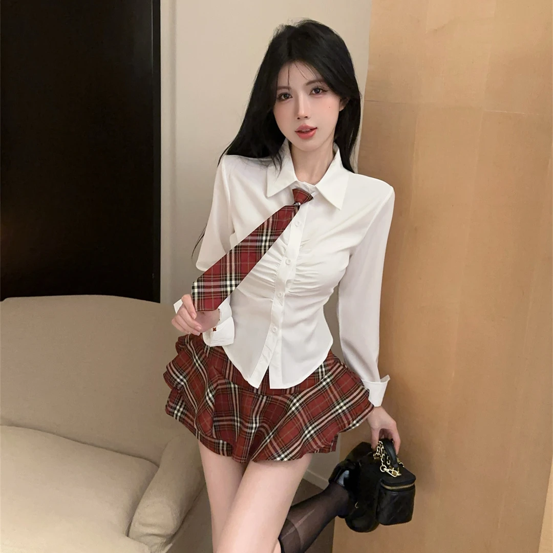 辣妹学院风JK制服套装女气质显瘦领带长袖短上衣纯欲高腰格子裤裙