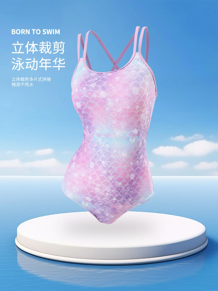 女士竞技款彩色鱼鳞纹简约三角连体纯色泳衣