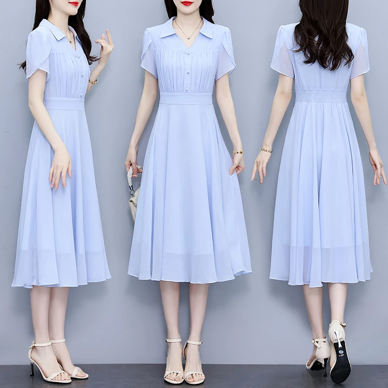 短袖雪纺连衣裙2025年夏季新款洋气时尚大码胖mm收腰显瘦遮肚长裙