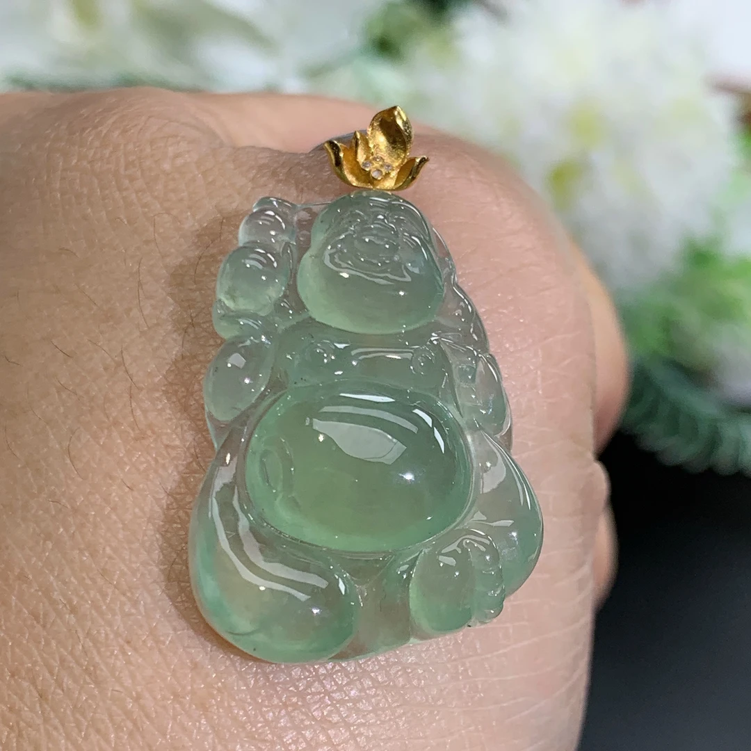 尺寸29.3×20.3×6.1缅甸天然翡翠A货18k金正冰胶晴绿布袋佛吊坠