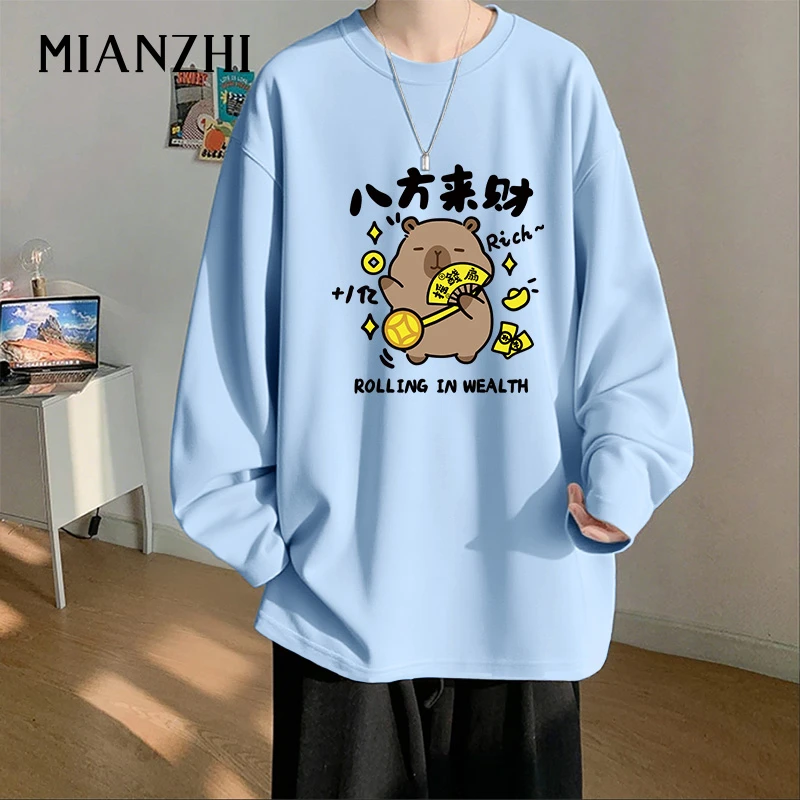 棉致秋季ins薄款圆领加肥加大码男装2025百搭休闲宽松情侣装长袖