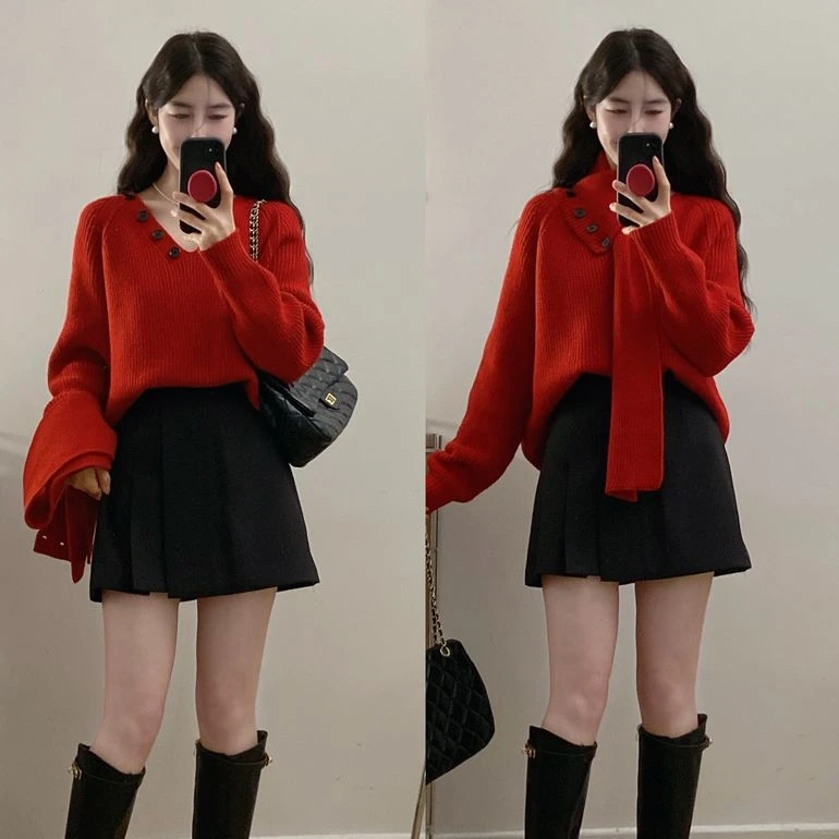 胖颖专属大码秋冬季新款可拆卸围巾遮肉显瘦毛衫7836