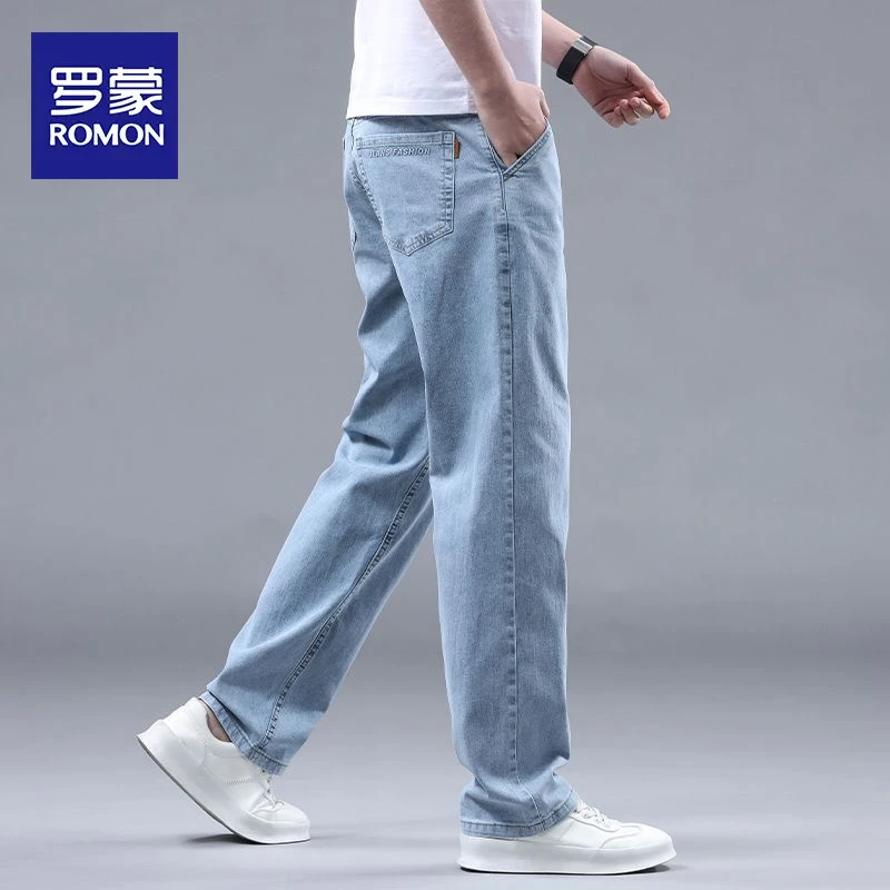 罗蒙浅色牛仔裤男士潮牌2025新款男裤弹力宽松直筒裤子男夏季薄款