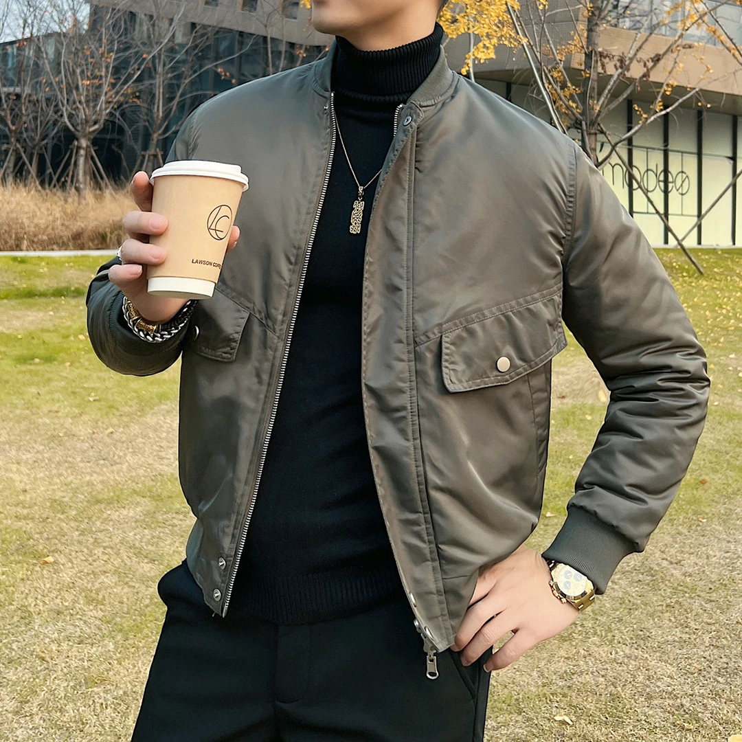修身外套男短款休闲飞行夹克潮流加绒秋冬加厚夹棉保暖立领上衣服