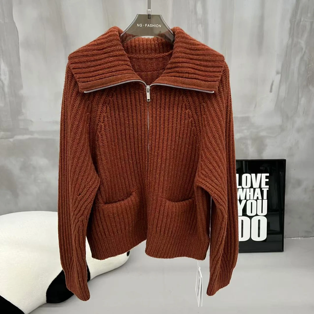 女士翻领花纱女士口袋外套女2025新针织毛衣女9070