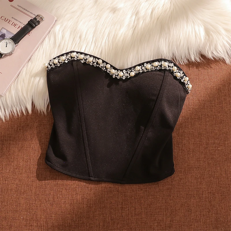 法式高级感镶钻鱼骨抹胸背心女内搭带胸垫性感修身一字肩打底上衣