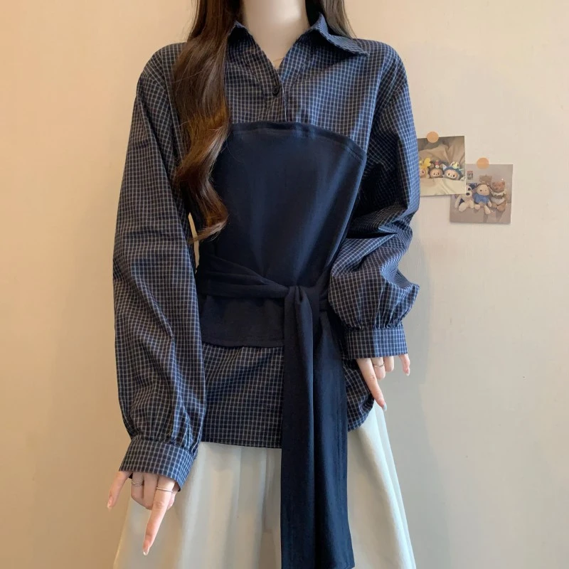 大码女装遮肚子复古格子POLO领拼接长袖衬衫女秋季胖MM设计感上衣