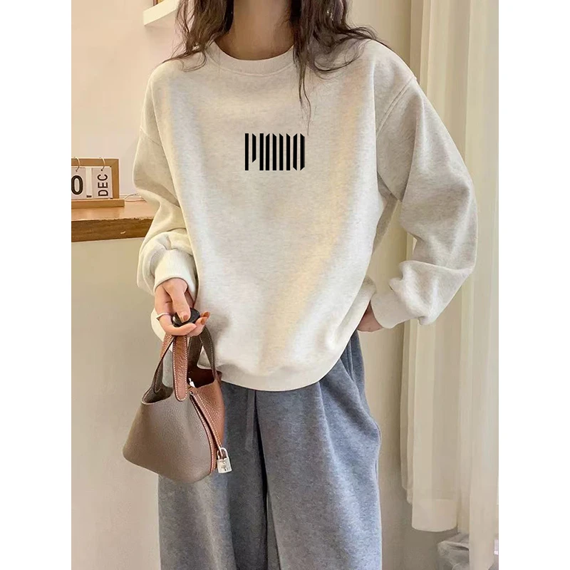 白灰色圆领卫衣女秋冬季2025新款宽松慵懒风加绒加厚薄款上衣外套