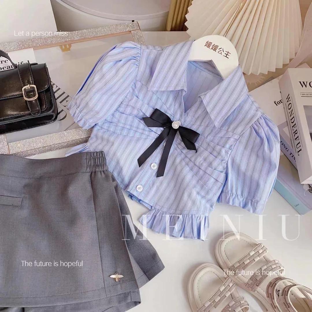 女童夏季新款套装2025洋气韩版童装女孩可爱学院风衬衣服两件套