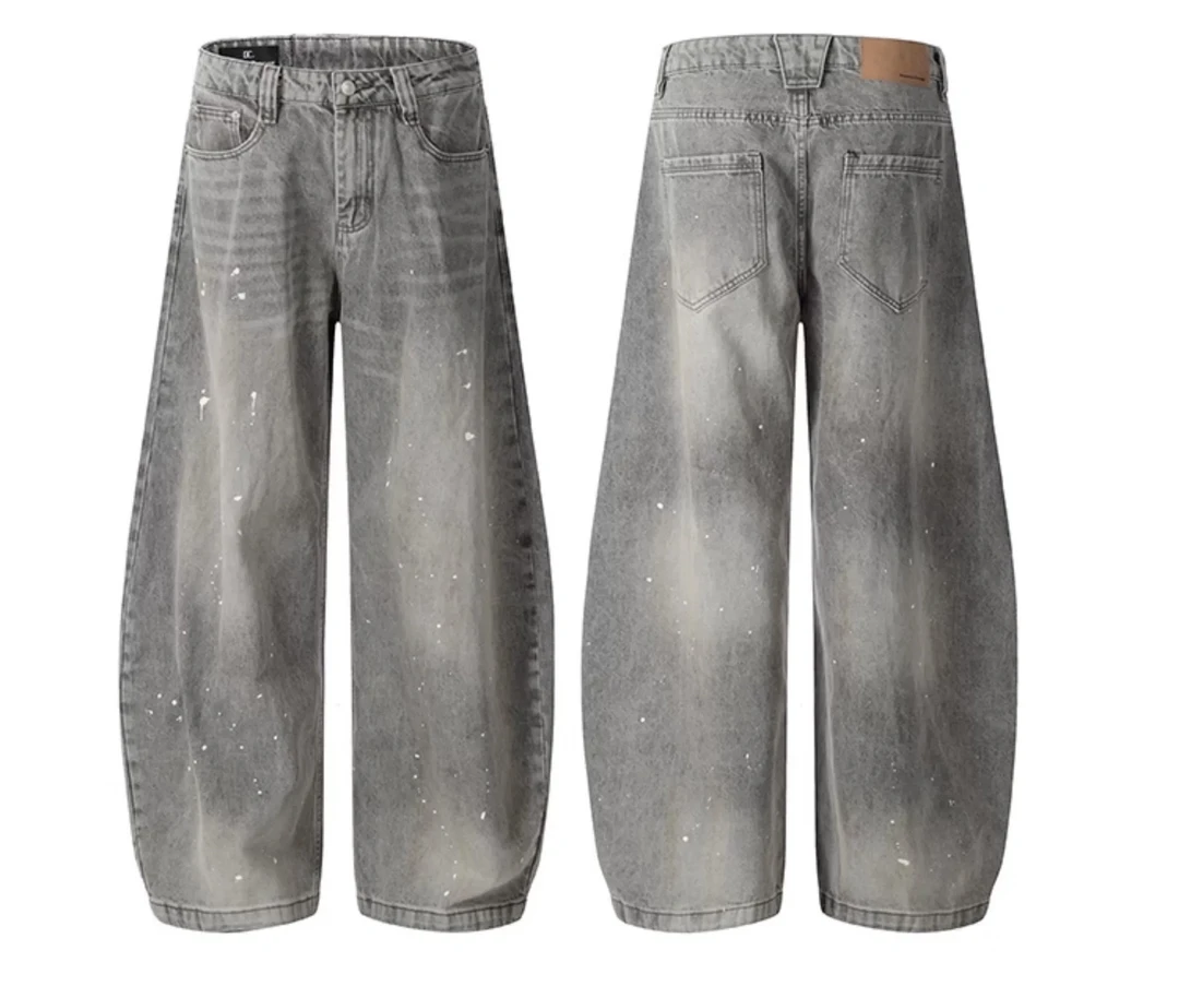 Biiimes 复古水洗做旧灰色泼墨弯刀牛仔裤男女潮牌美式街头宽松裤