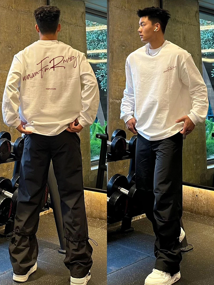 特大码300斤复古字母印花纯棉长袖T恤男早秋潮牌vintage重磅上衣