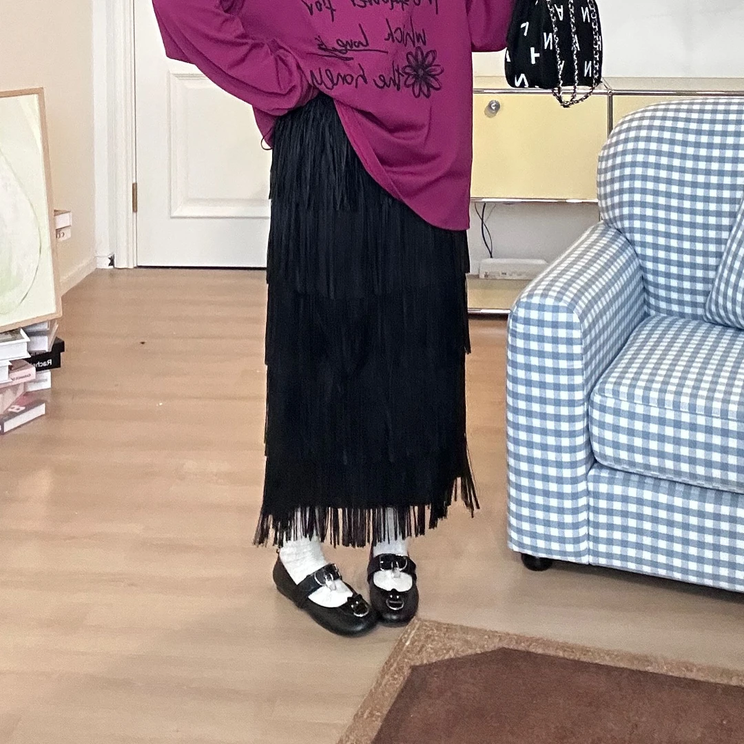 晶咕【灵动飘逸】休闲垂感时尚夏季五层流苏中长款半身裙