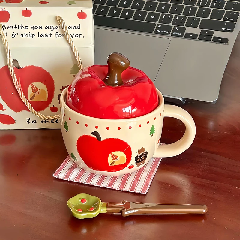 马克杯一颗大苹果杯带盖陶瓷水杯带勺上班族办公室咖啡杯喝水杯子