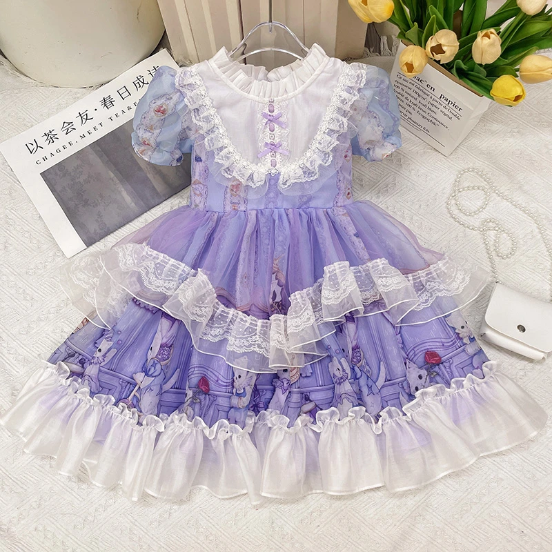 贝贝lolita小女孩儿童紫色裙子女童洋气公主裙宝宝夏季蕾丝甜美裙