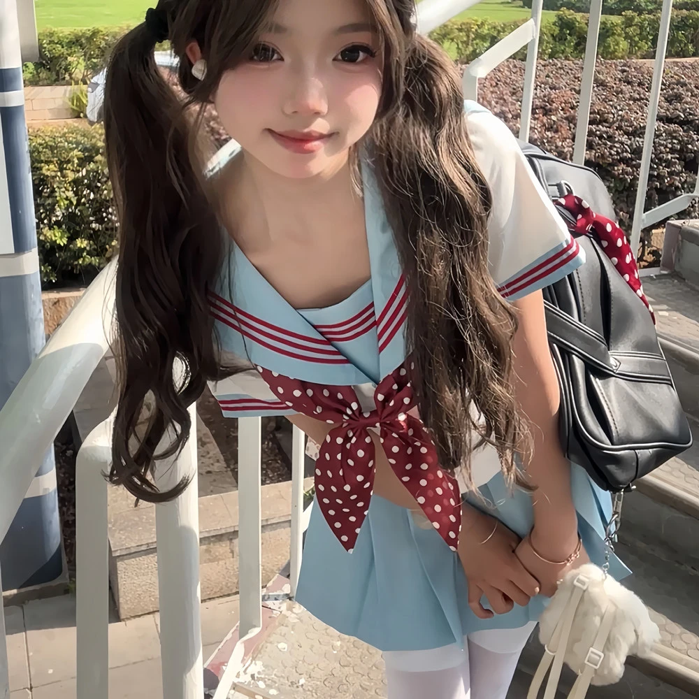 熊补补原创正版学院风水手服波点水红基础款jk制服校供百褶裙套装