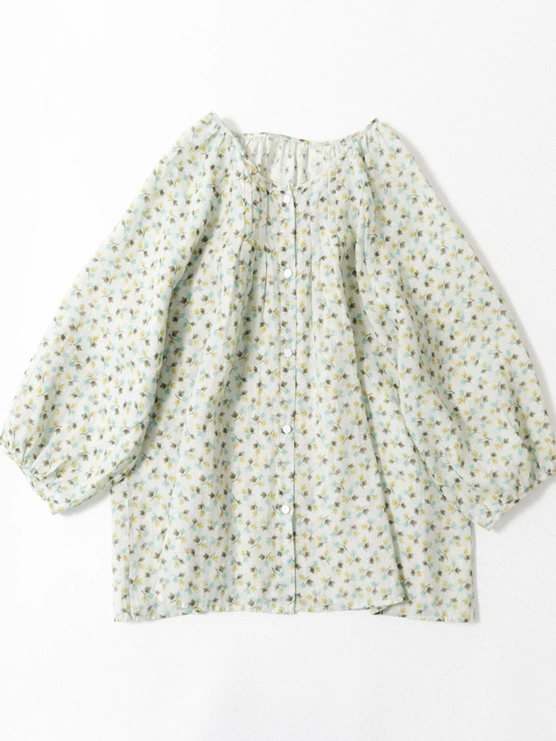 2025夏季轻薄苎麻印花七分袖罩衫轻盈蓬松感宽松圆领排扣衬衫上衣