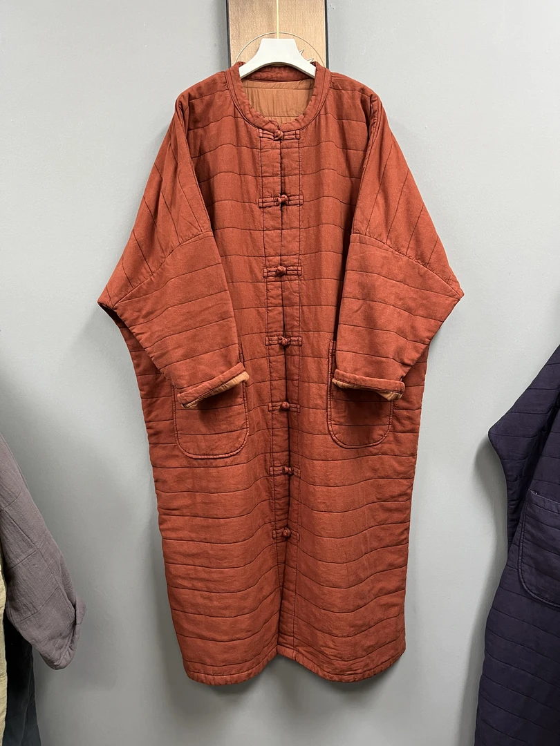 高货盘扣长款亚麻棉服