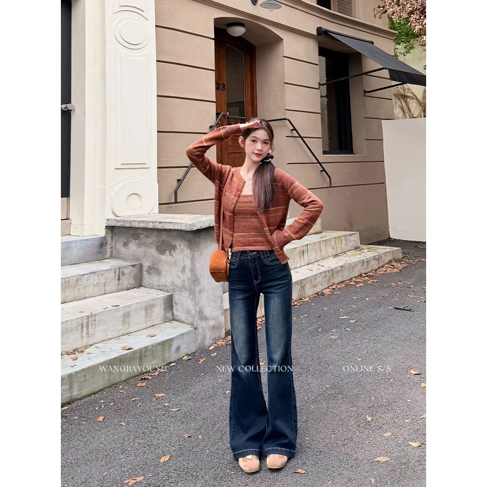 王家有鱼/JIAXIN/秋冬新款不贴腿微喇裤女中高腰显高蓝灰色牛仔裤