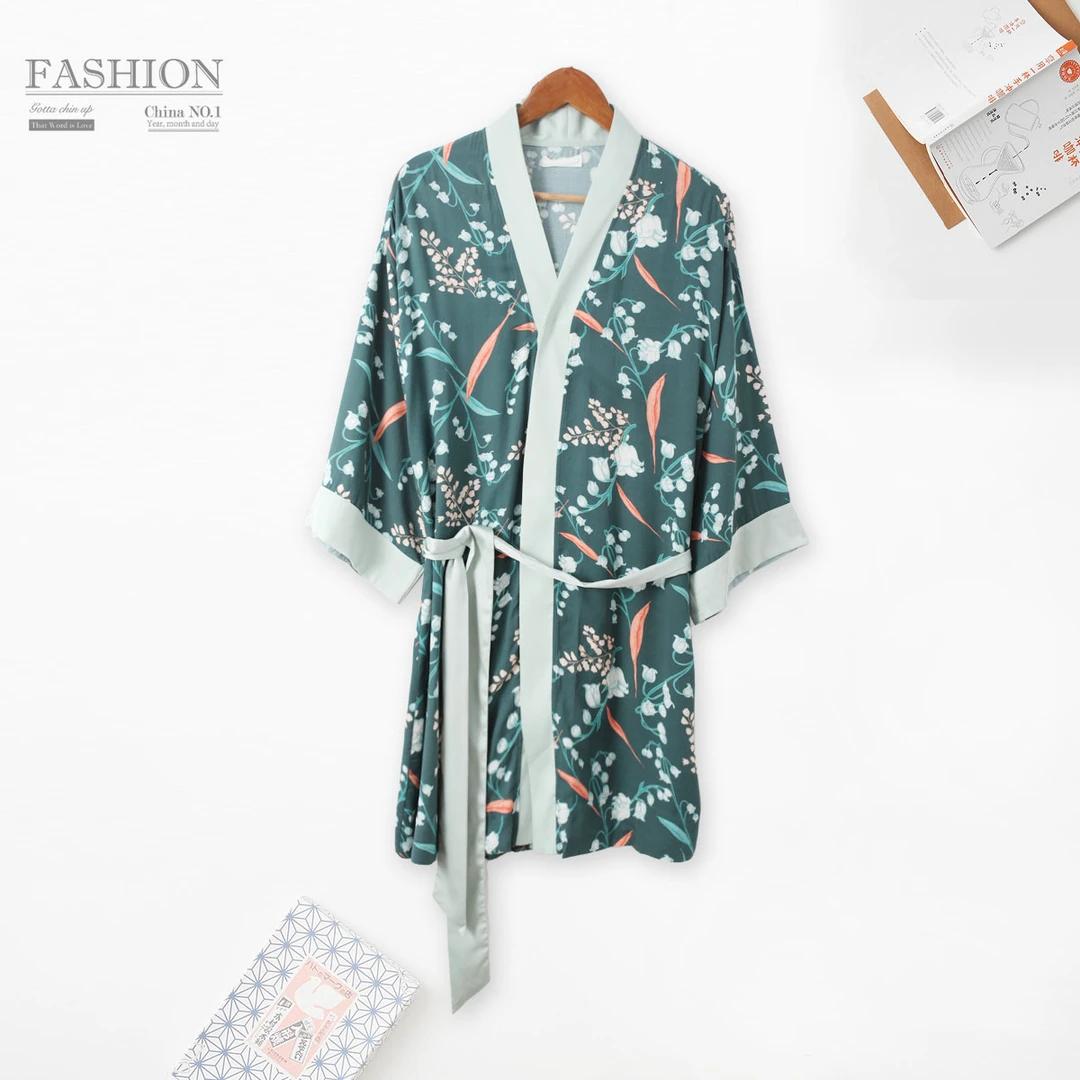 春季女士系带五分袖睡袍中长款睡裙00335 舒适保暖休闲居家