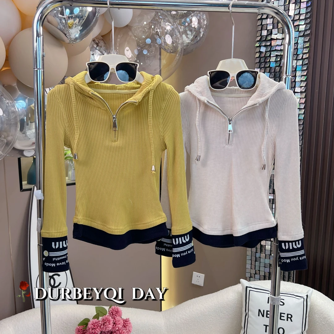 DURBEYQI/朵贝奇女童2025春季新款纯色连帽抽绳百搭针织衫5179